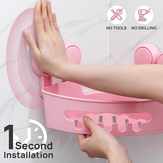 LEVERLOC Corner Shower Caddy Suction Cup, shower shelves suction cup, 2 Pack Basket Powerful Bathroom, Waterproof & Oil-proof Organizer for Kitchen, No-Drilling Removable (Pink)