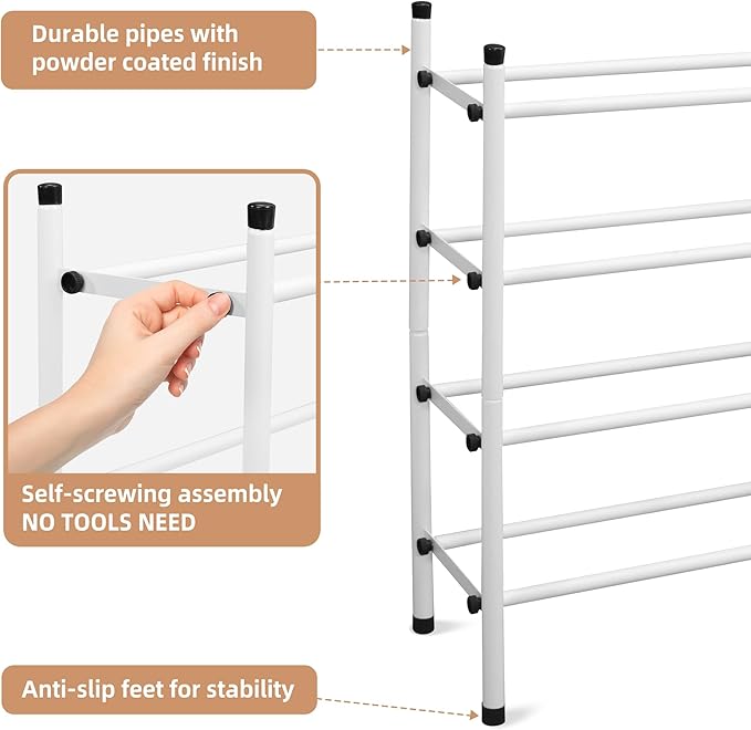 STORAGE MANIAC Expandable Shoe Rack, 16 Pairs Stackable Small Shoe Rack, Metal Adjustable Shoes Organizer for Closet, Entryway, Hallway, Garage, Front Door, Shoes Shelves, White 4 Tier-NeatNest