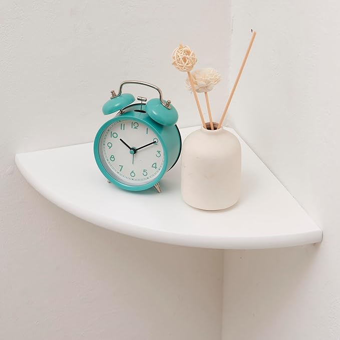 Corner Shelf, White Solid Oak Wood Floating Corner Shelves Wall Mount Round End Floating Speaker Rack for Small Plant Photo Frame (White, 8.6in)-NeatNest