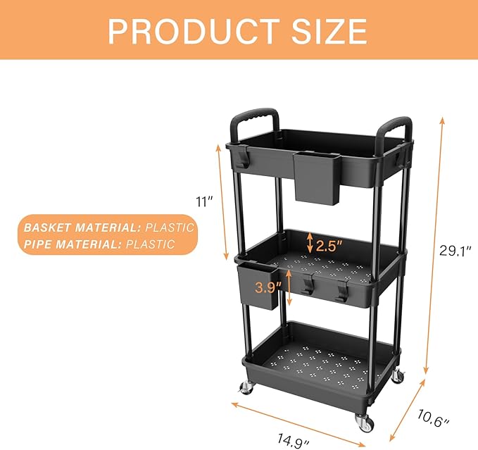 3 Tier Rolling Utility Cart with Handle,REBECAT Utility Cart Made of Multifunctional Storage Organizer Tool for Kitchen,Bathroom,Living Room,Office(Black)-NeatNest