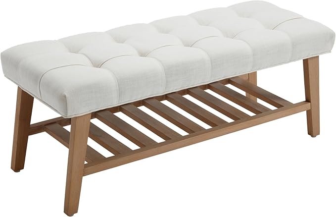 Entryway Shoe Bench Storage Benches with Upholstered Button Tufted Seat and Open Slatted Shelf Linen Shoe Rack for Hallway Living Room Bedroom End of Bed, Beige-NeatNest