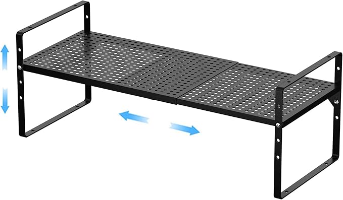 Expandable Kitchen Cabinet Shelf Organizer, Stackable Metal Pantry Storage Shelves, Adjustable Counter Shelf Organizer Rack for Kitchen Cabinets, Cupboard, Countertop, Closet, Black-NeatNest