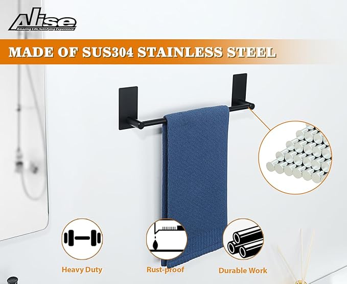 Alise Towel Racks for Bathroom, 12 Inch SUS 304 Stainless Steel Adhesive Towel Bar No Drill, Strong Adhesion Matte Black Towel Rack, Rustproof Bath Towel Holder