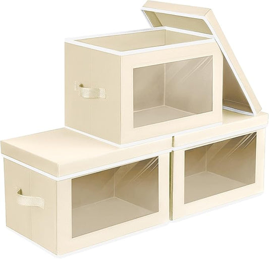 Storage Boxes with Lids - 3 Pack Fabric Clear Window Storage Bins, Collapsible Storage Bins with Lids, Linen Closet Organizer for Clothes, Towel, Blanket, Beige-NeatNest