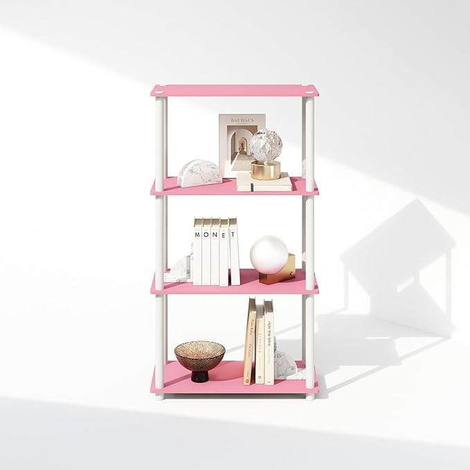 Furinno Turn-N-Tube 4-Tier Multipurpose Bookshelf, Bookcase, Pink/White-NeatNest