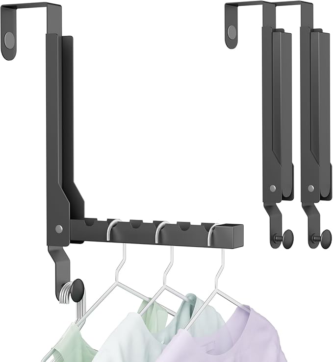 2 Packs Over The Door Drying Rack, Folding Over Door Hanger Hooks, Portable Space Saving Collapsible Coat Towel Racks for Laundry Room Bathroom Home Organization Travel Drying Storage (2Pack, Black)