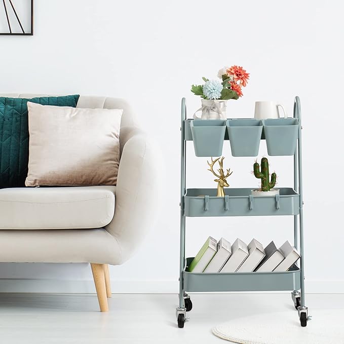 danpinera 3-Tier Rolling Cart, Metal Rolling Storage Cart with Lockable Wheels & Hanging Cups & Hooks, Mobile Trolley Cart for Kitchen, Bathroom, Office, Workshop, Gray Blue-NeatNest