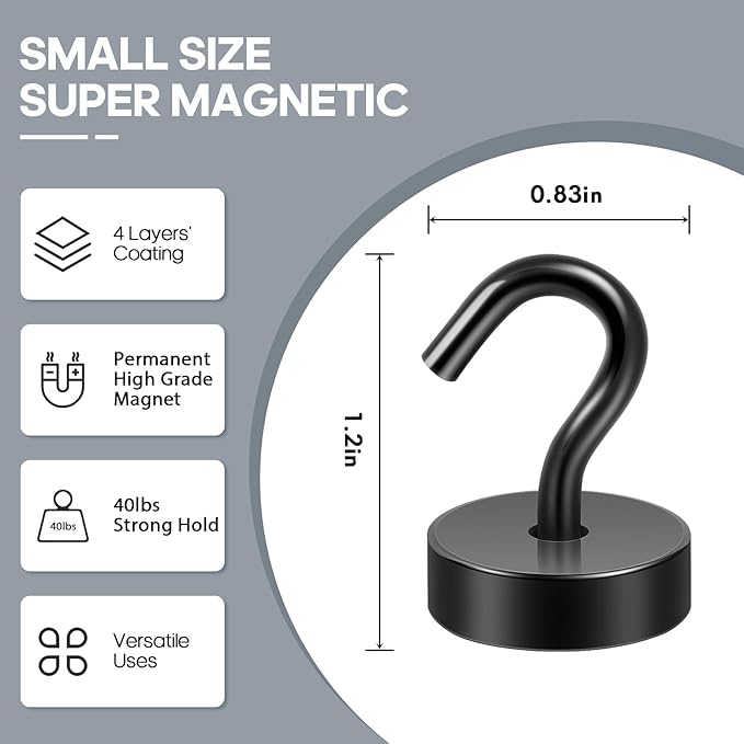 Neosmuk Magnetic Hooks, Cruise Ship Essentials, 40lb+ Heavy Duty Magnetic Hooks for Cruise Cabins, Refrigerator, Grill, Hanging, and Travel | Extra Strong Must-Haves Magnet Hook,Black,Pack of 20-NeatNest