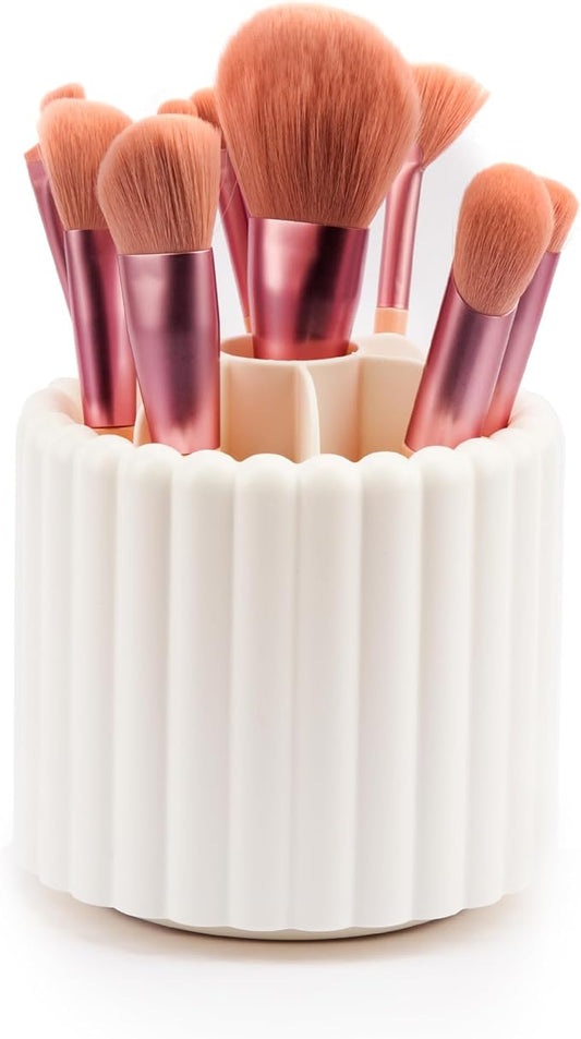 360 Rotating Makeup Brush Holder,Cute Makeup Brush Cup, Removable 7 Slots Spinning Cosmetic Brushes Storage Pen Holder for Vanity, Dresser, Desk, 5 Inch | 1 Pack White-NeatNest