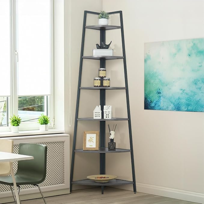 CAPHAUS Tall Corner Shelf Stand, 6-Tier Display Shelves, Ladder Corner Wood Storage Plant Bookshelf with Metal Frame, Versatile Shelving Unit Bookcase for Home Office Space, Dark Grey-NeatNest