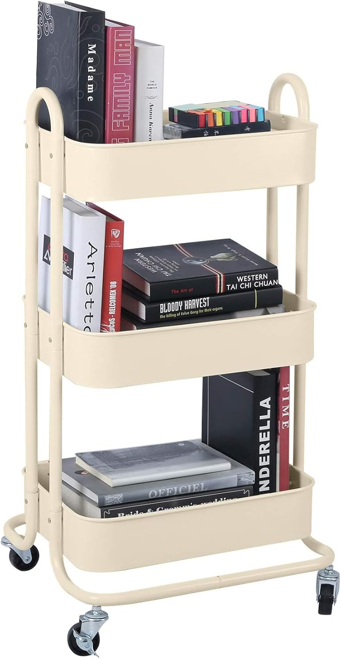 Melody House 3-Tier Metal Mesh Utility Rolling Cart Storage Organization Cart with Wheels, Beige