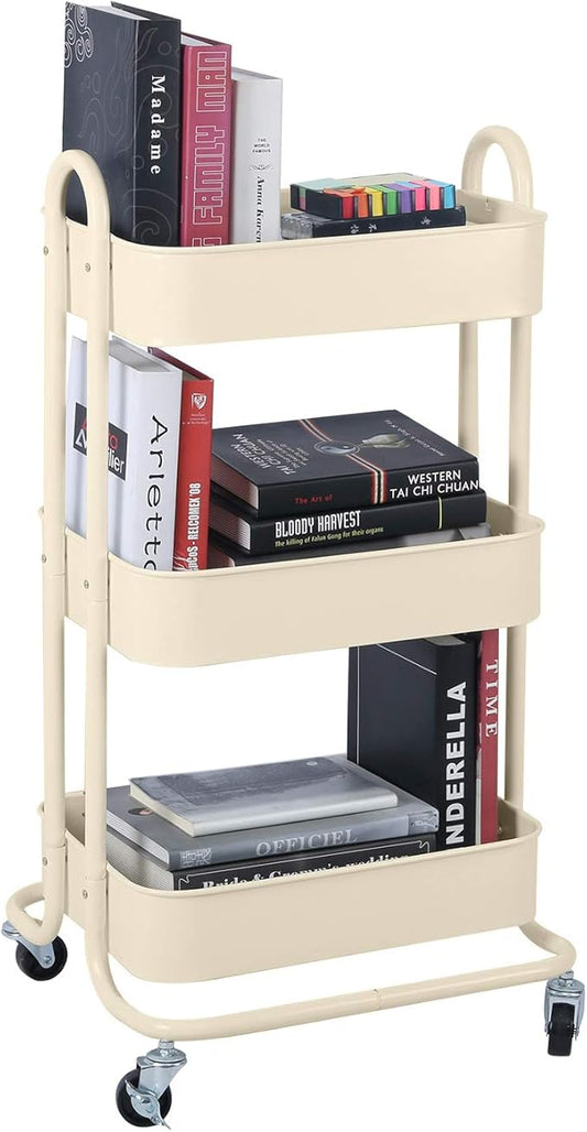 Melody House 3-Tier Metal Mesh Utility Rolling Cart Storage Organization Cart with Wheels, Beige