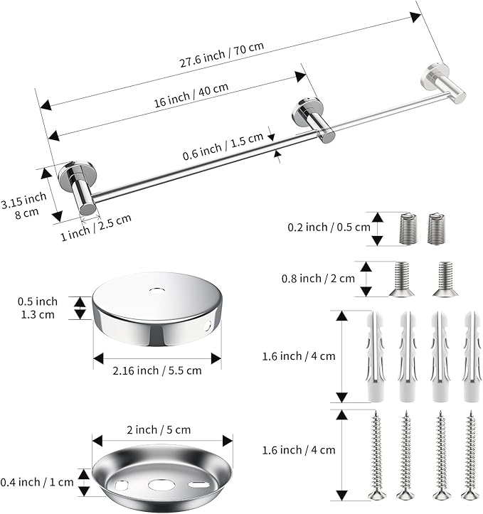 Adjustable Single Bath Towel Bar 16 to 27.6 Inch,ZUEXT Chrome Finished Stainless Steel Towel Holder Hanger,Retractable Wall Mounted Towel Rail for Bathroom Kitchen,1" Tube Towel Rail Rack w/S Hooks