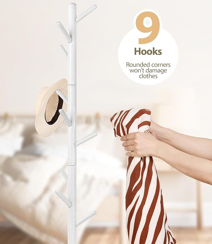 Beech Wood Coat Rack Stand with 9 Hooks, 3 Height Adjustable, simple Freestanding Solid Wooden Coat Tree Hanger for Clothes, Hats, Scarves, bags, Jackets, Bedroom, livingromm, Office(White)-NeatNest