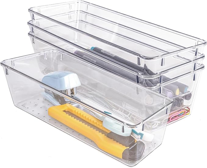 4 PCS Clear Plastic Drawer Organizer, Desk Drawer Divider Organizers and Storage Bins for Makeup, Jewelry, Gadgets for Kitchen, Bedroom, Bathroom, Office (9.0"x3.0"x2.2")-NeatNest