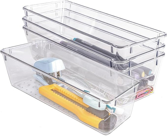 4 PCS Clear Plastic Drawer Organizer, Desk Drawer Divider Organizers and Storage Bins for Makeup, Jewelry, Gadgets for Kitchen, Bedroom, Bathroom, Office (9.0"x3.0"x2.2")-NeatNest