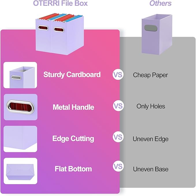 Oterri File Organizer, 6 Packs Small Storage Box, Cardboard File Folder Organizer, Collapsible File Box for Hanging File Folders Letter Size, Portable Filing Organizer with Handle (Purple)