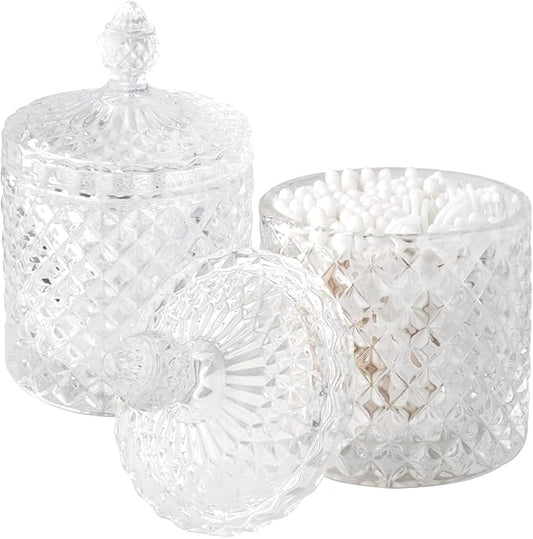2 Pack Qtip Holder Thick Glass Apothecary Jars with Lid for Bathroom Decor Storage Organizer for Cotton Swabs, Balls, Pads, Floss Picks, Candy, Jewelry, Clear-NeatNest
