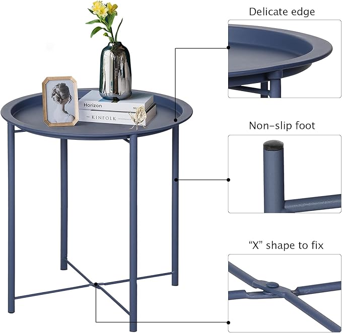 VECELO Side/End Table, Folding Round Metal Anti-Rust and Waterproof Outdoor or Indoor Tray for Living Room Bedroom Balcony and Office, 2 PCS, Blue