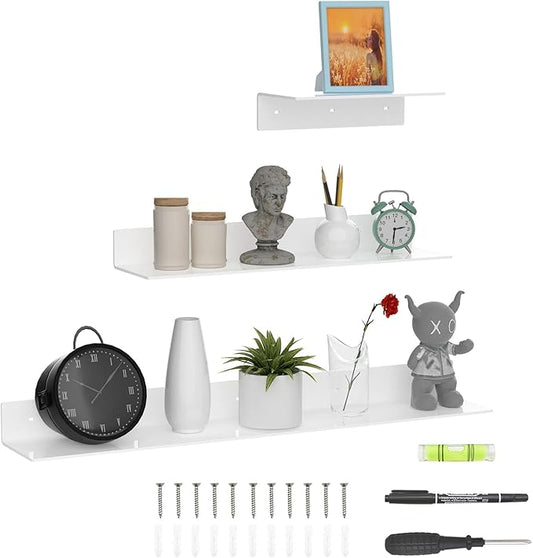 12 24 36 Inch White Wall Shelves, Long Shelf for Wall, Wide Acrylic White Floating Shelf for Living Room, Bedroom, Bathroom, Office-NeatNest