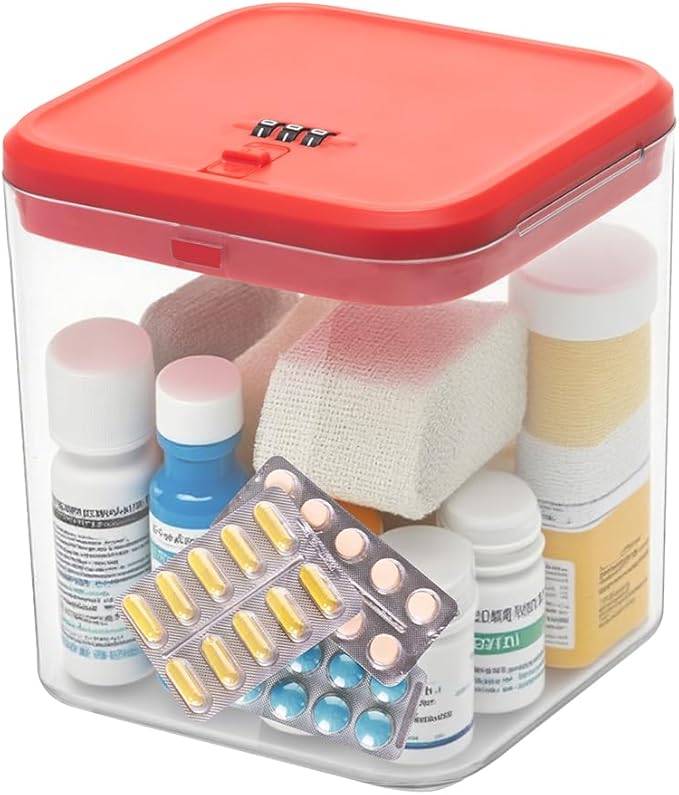 Clear Lockable Storage Box for Medicine Safe,Food Jar,Snacks,Phone - Secure Lock Box Refrigeator Container Bin Store Tank with Combination for Kitchen,Home,Office,Hospital (5.6×5.6×6.3 In) (Red)-NeatNest