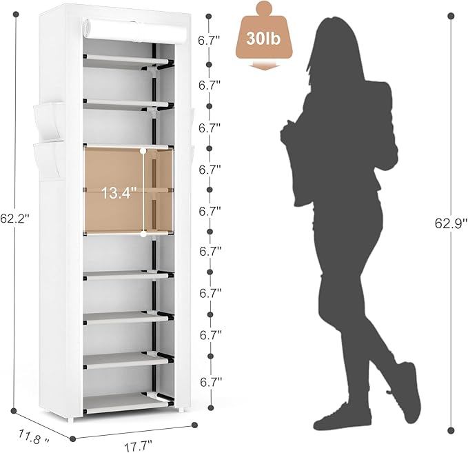 Shoe Rack with Cover Narrow Shoe Rack Organizer with 4 Side Pockets 10 Tier Tall Shoe Storage Shoe Shelf Holds 18-22 Pairs Shoes and Boots Shoe Rack for Closet, White-NeatNest