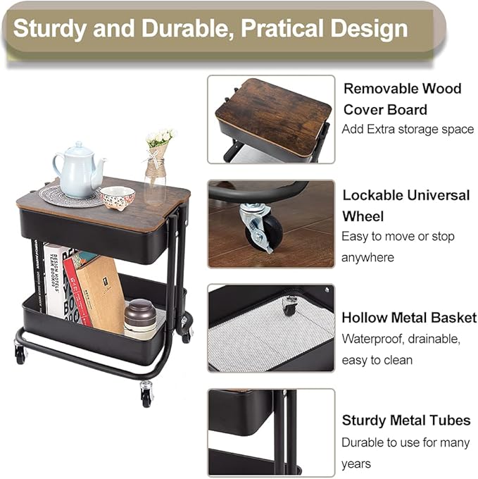 Melody House 2 Tier Metal Utility Rolling Cart Storage Organizer with Cover Board, Mobile Trolley Sofa Side Table with Wheels for Office Home Kitchen Organization, Black