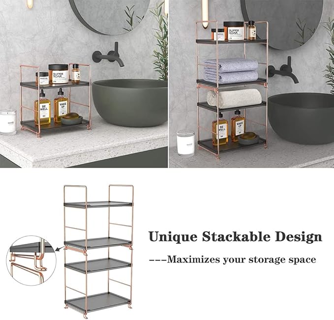 2-Tier Bathroom Countertop Organizer, Vanity Tray Cosmetic & Makeup Storage, Kitchen Spice Rack Standing Shelf, Corner Storage Shelf, Rose Gold&Black-NeatNest