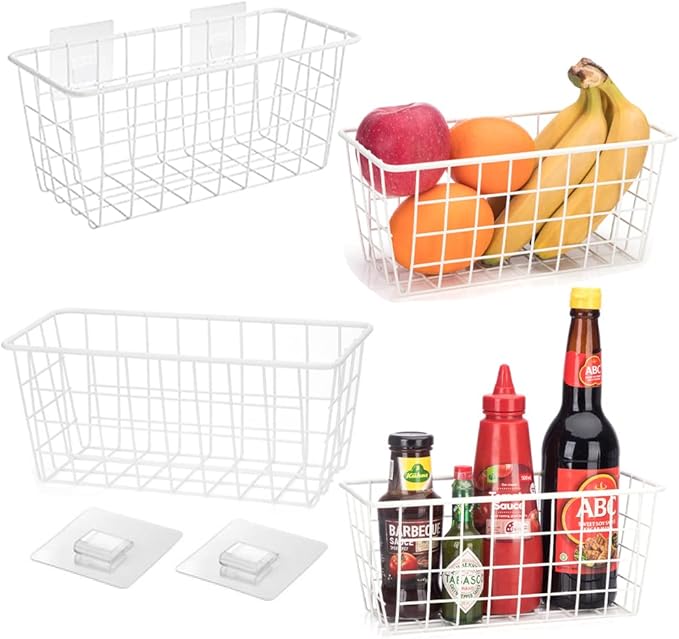 LeleCAT Hanging Kitchen Baskets For Storage Adhesive Sturdy Small Wire Storage Baskets No Drilling Wall Mounted Kitchen Food Pantry Bathroom Shelf Storage, 4 PACK,White-NeatNest