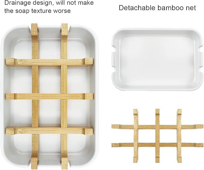 2 Pack Bamboo Soap Dish, Self-Draining Soap Box, Wooden Bamboo Bar Soap Holder for Shower, Bathroom, Kitchen, Bathtub, Bar Sink (White)-NeatNest