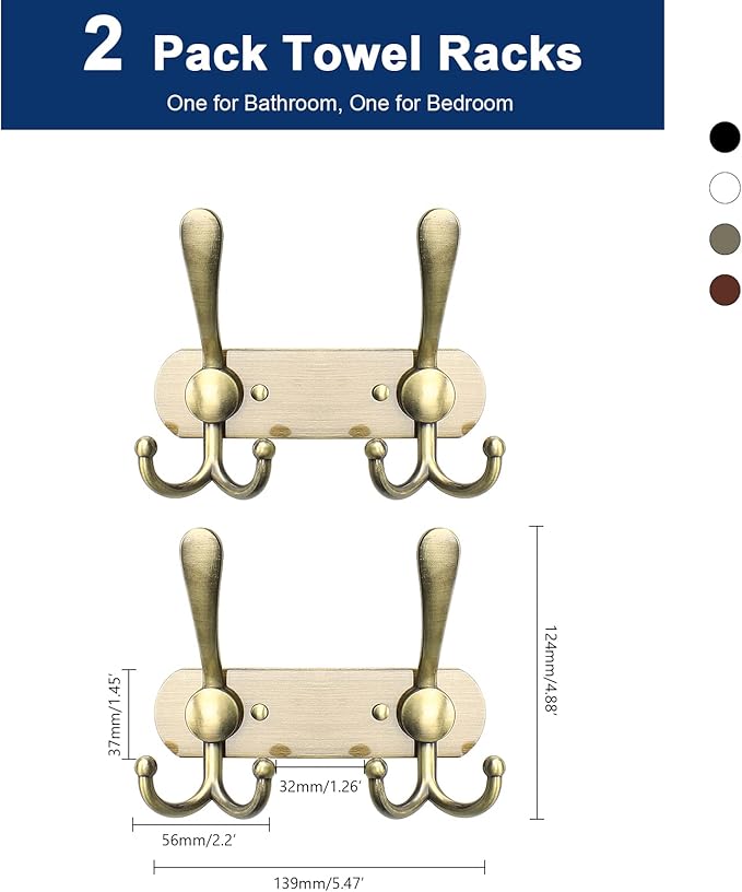 NearMoon Coat Rack Wall Mounted-2 Pack, Heavy Duty Bath Towel Hooks Stainless Steel Robe Hooks Holder, Metal Coat Hook for Towel Coat Hat Key Bathroom Bedroom Hotel Entryway (2 Hooks, Bronze)