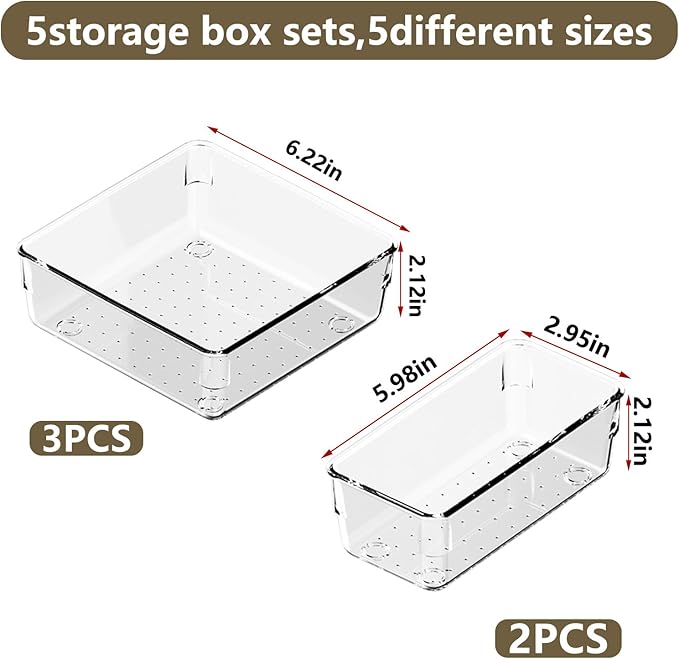 5 PCS Clear Plastic Drawer Organizer Set, 2 Sizes Acrylic Drawer Storage Trays Non Slip Storage Bins for Makeup, Jewelry, Gadgets for Kitchen, Bedroom, Bathroom, Office-NeatNest