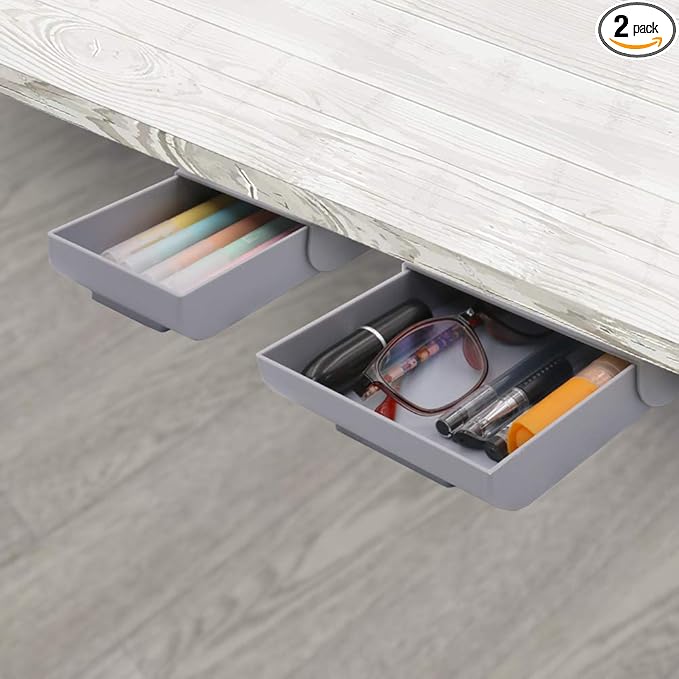 Desk Drawer Attachment, 2 Pack Pencil Organizer, Hidden Desk Organizer, Under Desk Organizer Adhesive, Pen Holder, Desk Accessories & Workspace Organizers, Pen Drawers, Drawer Tray Storage Desktop-NeatNest
