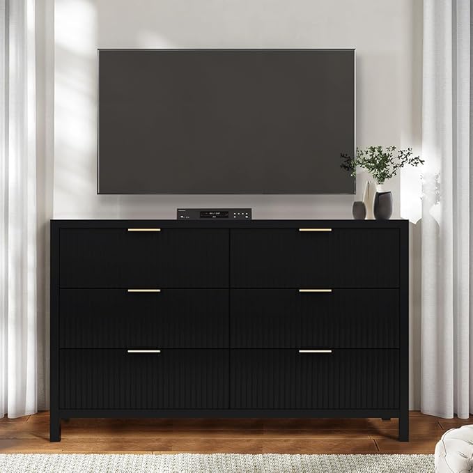 6 Drawer Dresser Cabinet, Long Nightstand with Drawers and Storage Cabinet, Solid Wood Dresser TV Stand, Mid Century Modern Nightstand with 6 Drawer Dresser for Bedroom Closet (Black)