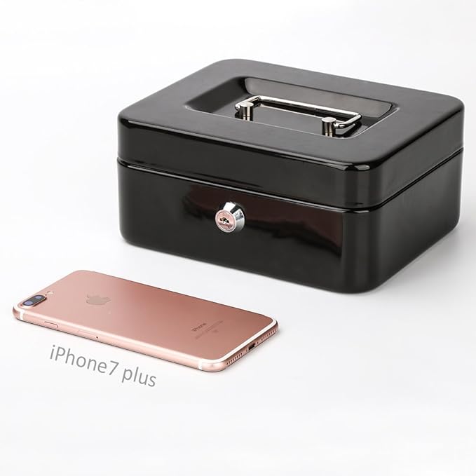 Decaller Cash Box with Money Tray, Metal Locking Money Box with Key Lock for Security, 7 4/5" x 6 4/5" x 3 3/5", Black, QH2003S-NeatNest