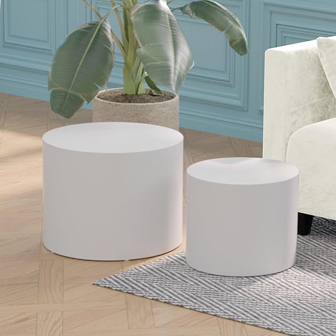 2-Piece Round Side Table Set, Modern Black Oak Accent Tables for Living Room and Bedroom, No Assembly End Tables, Minimalist Coffee Table Set for Small Spaces(White)