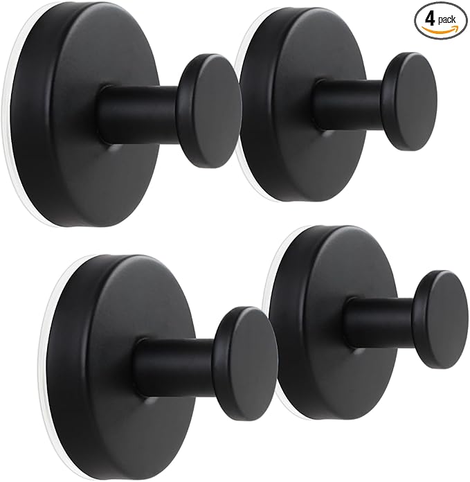 4 Pack Suction Cup Hooks for Shower, Exquisite Metal Shell & No Drill Towel Hooks for Bathroom Wall, Kitchen, Glass, Mirror, Tile to Hang Towels, Robes, Loofah - Matte Black