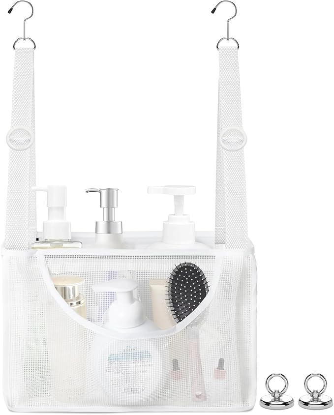 PVC Mesh Hanging Shower Caddy Organizer with 2pc Magnetic Hooks, Portable Adjustable Travel Bathroom Bag with Pockets for RV, Camping, Cruise, Dorm, Gym, White, 12“x5 x7（LxWxH）-NeatNest