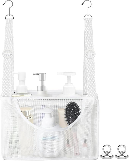 PVC Mesh Hanging Shower Caddy Organizer with 2pc Magnetic Hooks, Portable Adjustable Travel Bathroom Bag with Pockets for RV, Camping, Cruise, Dorm, Gym, White, 12“x5 x7（LxWxH）-NeatNest