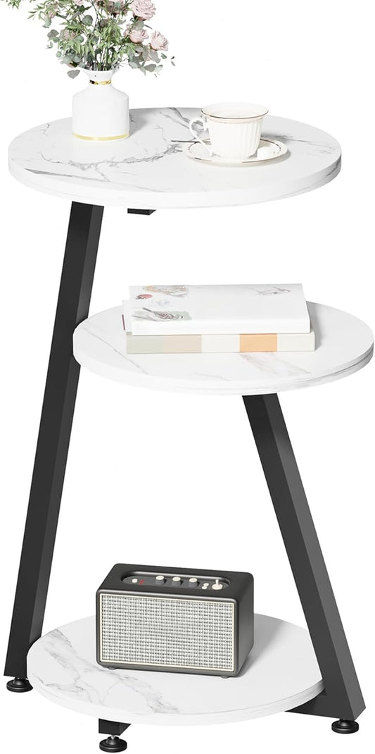 BEWISHOME Round End Table Marble Side Table with Metal Frame, Small Nightstand with 3-Tier Shelves, Night Stand for Living Room Bedroom Tall Black KTZ41H-NeatNest