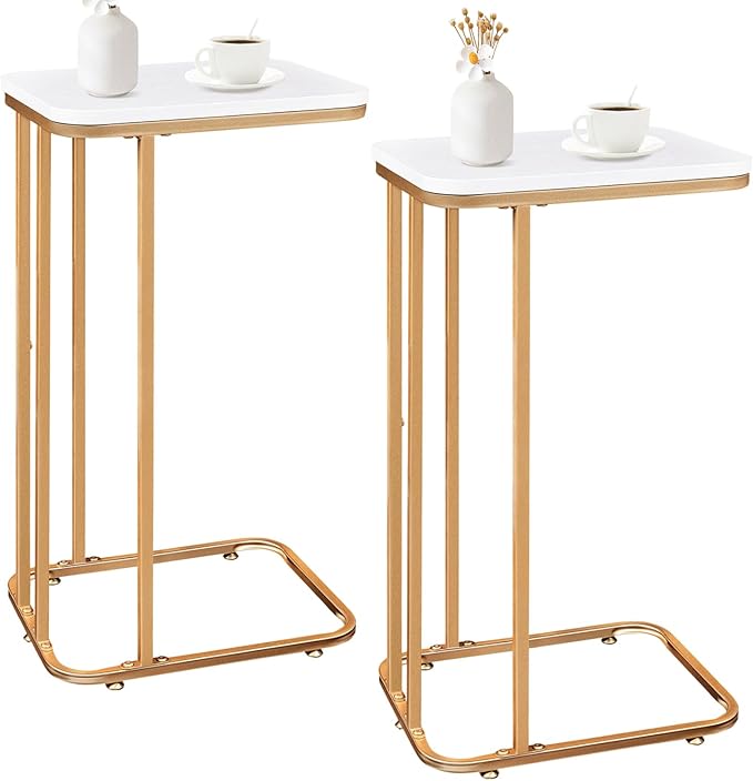 C Shaped End Table Set of 2, 27 Inches High Small Side Table for Sofa and Bed, Couch Table That Slides Under, Tall Tv Tray Table for Living Room, Bedroom, Metal Frame, Gold & Snow White