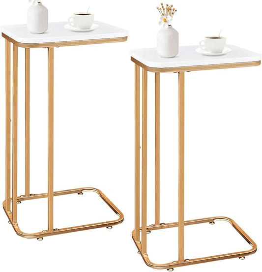 C Shaped End Table Set of 2, 27 Inches High Small Side Table for Sofa and Bed, Couch Table That Slides Under, Tall Tv Tray Table for Living Room, Bedroom, Metal Frame, Gold & Snow White