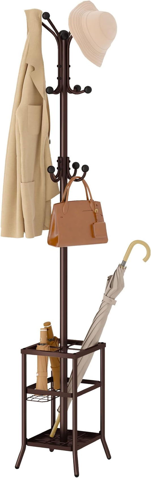 FAVOOSTY Coat Rack Freestanding,Coat Rack Stand with Umbrella Holder,Metal Coat Tree with 12 Hooks,Tree Clothes Hat for Entryway, Hallway, Bedroom, Living Room & Office -Brown-NeatNest