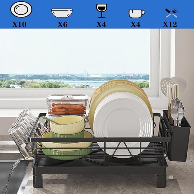 Dish Drying Rack with Drainboard, Dish Racks for Kitchen Counter, Stainless Steel Kitchen Dish Drainer with Cutlery Holder, Cup Holder, Rustproof, Easy Installation