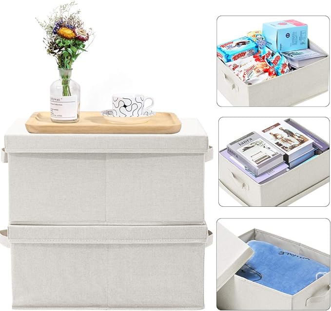 HOONEX Foldable Storage Bins with Lids, 2 Pack, Storage Boxes with Carrying Handles and Sturdy Heavy Cardboard, 16.5" L x 11.8" W x 7.5" H for Shoes, Books, Clothes, Linens, Beige-NeatNest