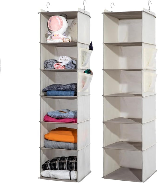 2 Packs Hanging Closet Organizer, 6-Shelf Closet Organizers and Storage with Side Pockets, Collapsible Hanging Shelves for Closet & RV & College Dorm,Beige-NeatNest