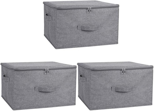 ANMINY 3PCS Storage Bins with Zipper Lids 51.9 Qt Lidded Fabric Storage Boxes Baskets Cubes with Handles Collapsible Washable Cotton Linen Closet Shelf Clothes Organizer - Gray, Extra Large-NeatNest