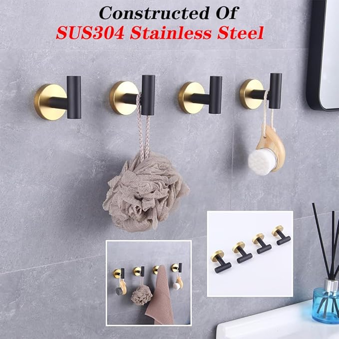 GERZWY Stainless Steel Towel Hook Robe Hook Coat Hook Heavy Duty Wall Mounted Luxury Hooks for Bathroom Hotel 4 Pack (Black & Gold) AG1307B-BD