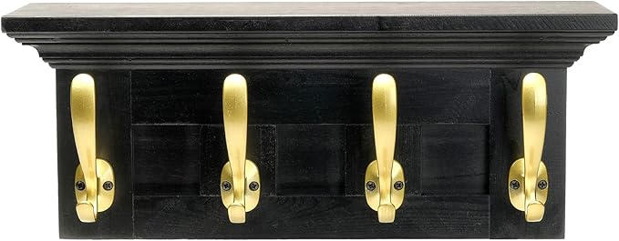 EXCELLO GLOBAL PRODUCTS Black 16" Coat Rack with 4 Gold Hooks: Ready to Hang Entryway Coatrack for Organization of Jackets, Hats, Scarves, Keys & Purses (Black)-NeatNest