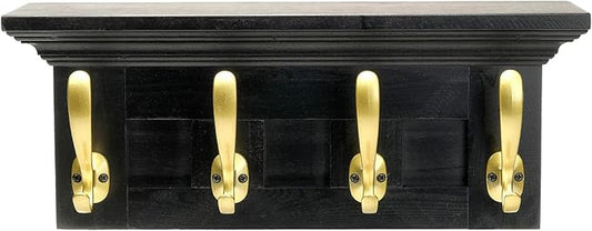 EXCELLO GLOBAL PRODUCTS Black 16" Coat Rack with 4 Gold Hooks: Ready to Hang Entryway Coatrack for Organization of Jackets, Hats, Scarves, Keys & Purses (Black)-NeatNest